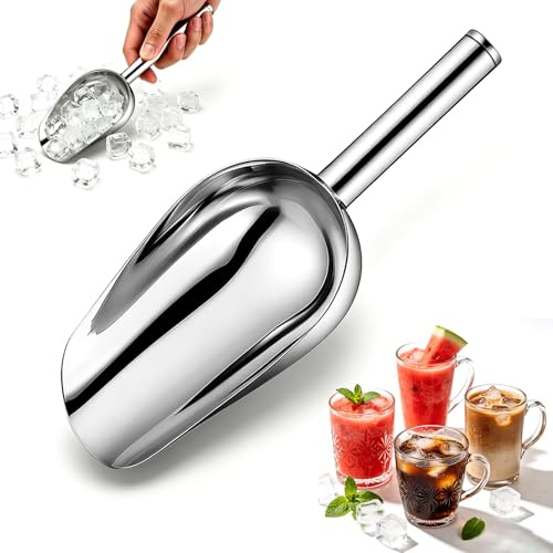 Stainless Steel Ice Scoop, Kitchen Ice Scooper with Long Handle Heavy Duty Dishwasher Safe Round Bottom Bar IceFlour Utility Shovel for Kitchen, Bar, Party, Wedding (12oz)