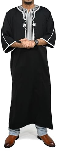 Herr Lång Löst Sittande Kaftan Med Vit Broderi Djup Rundringning Breda Ärmar (Svart och Vitt, 4XL)