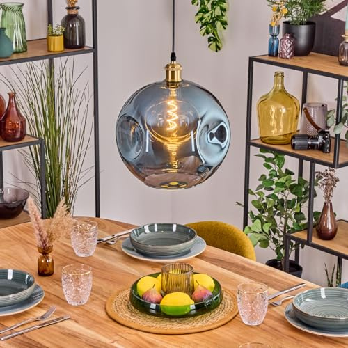 HOFSTEIN Hängeleuchte Ripoll, 1-flammige Hängelampe aus Metall/Glas in Goldfarben/Blau, moderne Pendelleuchte im Retro/Vintage-Design (Schirm 30 cm), E27, Esszimmer, Küche, Wohnzimmer, Flur