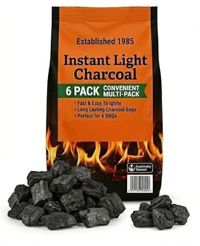 Instant Light Lumpwood Charcoal Bags 6x1kg – Easy to Use BBQ Coals, Quick Lighting Charcoal for Barbecue, Disposable Coal Bags for Outdoor Cooking, Camping & Garden Grills (Pack of 1)
