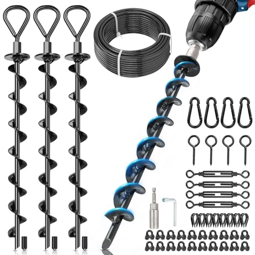 hannger Ancoraggi a terra a vite in confezione da 4 pali per trampolino da 38,1 cm, resistenti al vento, con cavo in acciaio rivestito in PVC da 3/16 pollici e tenditori, ancoraggio a terra per tenda