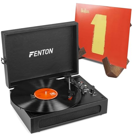 Fenton RP118B Bluetooth Briefcase Record Player with Built-in Speakers & Retro Wooden Vinyl Display Stand - Black Vintage Style Turntable Kit
