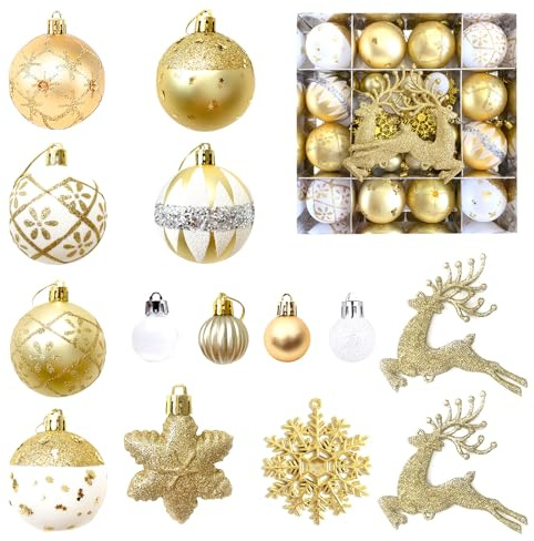 MORAINJAY 45 Pz Palline di Natale Bianco Oro, Addobbi Natalizi in Plastica, Ornamenti Appesi per Albero di Natale, Decorazioni Festive per Casa e Feste, 6 cm
