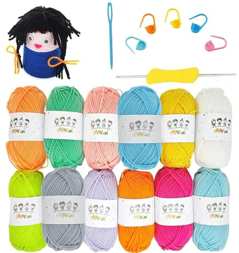 Beginners Knitting Set, 19Pcs Knitting Kit, Knitting Kits for Adults Children, Craft Knitting Starter Kit, Dishcloth Knitting Kit inclusive 12 Colour Yarn 1 Crochet Hook 5 Marking Pins 1 Sewing Needle