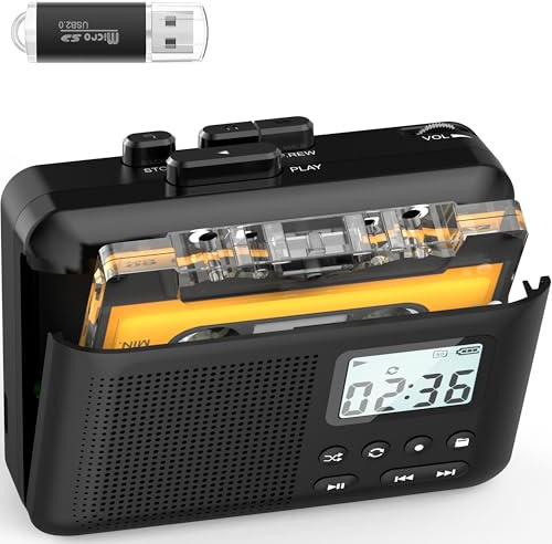 Portable Cassette Player, Cassette to MP3 via SD Card, Walkman Cassette Player with 1000mAh Battery, Built-in Microphone and Speaker, Headphone Jack, 16GB SD Card (Black)