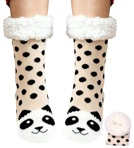 DOINEUFL Calcetines de peluche para mujer, tallas 39-42, calcetines térmicos, calcetines para casa, calcetines cálidos para mujer, Panda beige, 39/40 EU