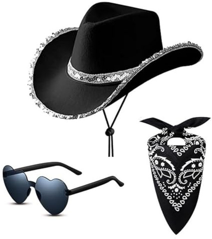 KDFSSIPE Silberrandiger Westlicher Cowboyhut, 3PCS Western Cowgirl Hut, Western Cowboyhut Set, Modische Cowboykostüm Accessoires Geeignet für Halloween Rollenspiele (Schwarz)