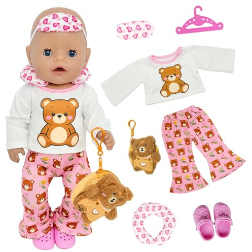Atomvia Baby Puppen Puppenkleidung 43 cm, 7-teiliges Bären Outfit mit Nackenkissen, Augenmaske, Oberteil, Schlaghose, Schuhen, Geldbörse und Kleiderbügel, Babypuppen Kleidung 35–43 cm (Ohne Puppe)
