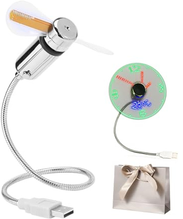 Gienslru Ventilatore USB con LED, Display Orologio in Tempo Reale e Temperatura, Collo d'Oca Flessibile 360°, per Laptop e PC (1set)