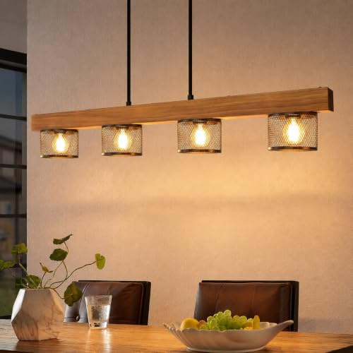 ZMH Vintage Pendelleuchte Holz Hängelampe esstisch 4 flammig mit Holzbalken | Schwarz Hängeleuchte retro Esstischlampe E14 Esszimmerlampe aus Metall für Küche Wohnzimmer Esszimmer (Ohne Leuchtmittel)