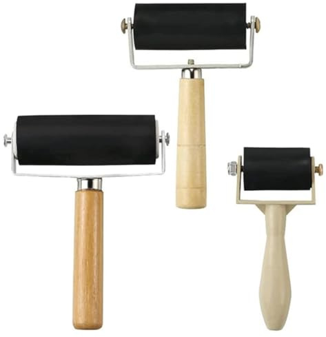 HAKIDZEL Set 3 Rullini in Gomma per Inchiostro Manico Ergonomico in Legno, Resistenti e Pratici per Progetti Artistici e Stampa a Rilievo