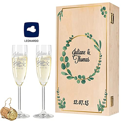 GRAVURZEILE Leonardo - Set di calici da spumante, motivo eucalipto, incisi con nome e data, con scatola di legno vintage, regalo per la coppia di sposi per matrimonio, fidanzamento e anniversario