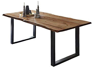 SAM Esszimmertisch 160x85 cm ULM, Baumkantentisch naturfarben, Akazienholz massiv, U-Gestell aus Metall schwarz