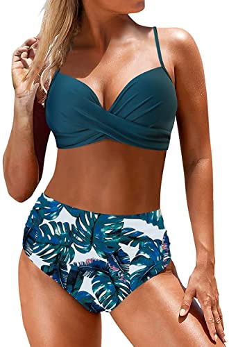 Yutdeng Trajes de Baño Divididos Mujer Push Up Bikinis con Aros Sexy Crossover Fruncido Conjunto de Bañador Correas Ajustables Estampado Braguita de Bikini Cintura Alta,Azul,M