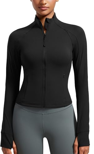 CRZ YOGA Butterluxe Waist Length Jackets for Women - Full Zip Athletic Track Tops with Thumb Holes Pockets Black Small