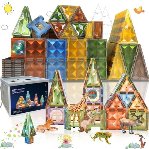 Magnetic Tiles Toys with Farm Animals Magnet Tile Building Blocks with 7 Farmyard Animals Character with Lighting Effect Construction Sensory Toys Preschool Gift for Kids Boys Girls 3 4 5 6 7 8 Years+