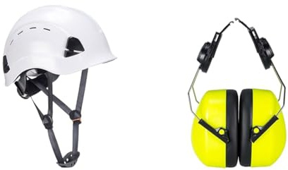 Portwest Height Endurance Vented Helmet, Size: One Size, Colour: White, PS63WHR & Endurance HV Clip-On Ear Protector, Size: One Size, Colour: Yellow, PS47YER