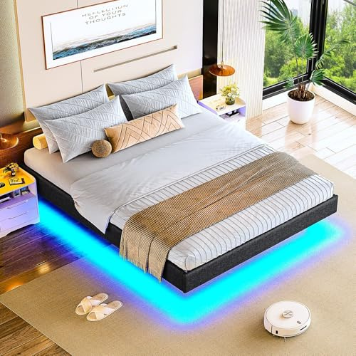 Brinlawb Lit 140x190 cm, Lit 2 Personnes avec des lumières LED, Cadre de lit 140 x 190 avec sommier à Lattes en Bois et Structure en métal, lit Double Moderne Facile à Assembler, sans tête de lit,Gris