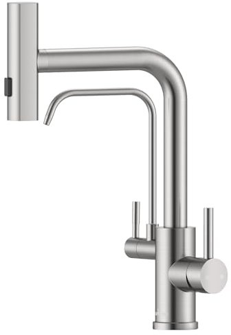 APPASO Grifo de cocina de 3 vías sin filtro de agua, 4 modos cascadas 3 en 1, grifo mezclador de cocina para filtro de agua, grifo giratorio de 360°, grifo de agua potable con ducha de mano extensible