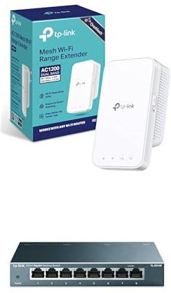 TP-Link RE300 AC1200Mbps WiFi Extender Booster Dual Band, EasyMesh + TP-Link 8-Port Gigabit Ethernet Switch, Desktop/Wall-Mount, Steel Case(TL-SG108)