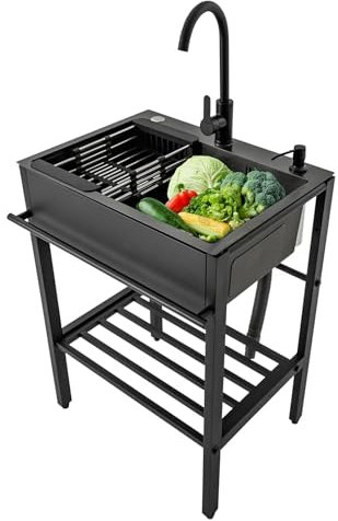 Edelstahl Spültisch,Spülbecken mit Wasserhahn,Outdoor Küche Gewerbliche Mobiles Waschbecken mit Ablagefläche,Freistehend Spüle Gastro 1 Becken küchenspüle mit Unterschrank,für Außen,Innen(55x45x86cm/2