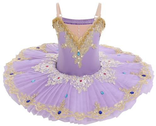 IDOPIP Enfant Fille Costumes de Ballet Danse Tutu Robe Perles Strass Fleurs Broderie Dentelle Cygne Col en V Fines Bretelles Violet 150