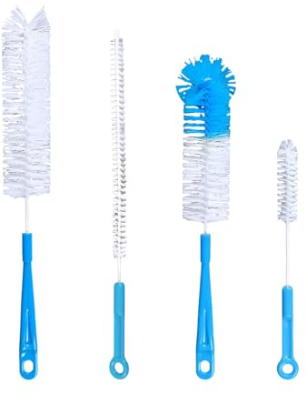 Brosse de Nettoyage de Bouteille : Brosse Long Manche Métallique avec Têtes Nylon pour Gourde Isotherme, Biberon Bébé, Bouilloire, Tasse & Clavier Multifonction, Facile à Utiliser 4 Pièces (Blue)