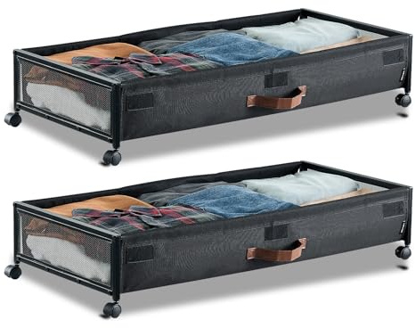 VEVOR Under Bed Storage with Wheels, 36.0 x 18.1 x 7.3 inch, Underbed Containers with Clear Lid, Underbed Shoe Organizer, Rolling Under the Bed Storage Bins for Clothes Shoes Blankets Bedroom, 2 Pack