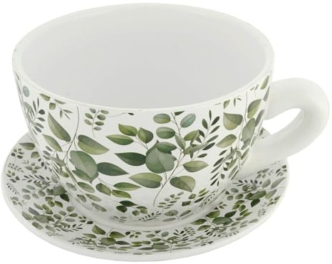 Azuma Teacup Planter with Saucer – Eucalyptus Loral Design Ceramic Pot for Herbs, Flowers & Bulbs – 24cm Indoor/Outdoor Use – Cottage Garden Gift for Gardeners Ceramic Cup & Saucer Design