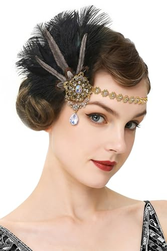 BABEYOND 1920-tals klaff fjäder huvudbonad för kvinnor, Great Gatsby strass elastiskt pannband, handgjord vintage håraccessoar (svart)