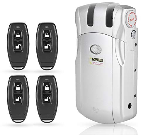 Remote Control Door Lock Kit, Smart Wireless Anti-Theft Home Security Keyless Deadbolt Access Control System, Invisible Keyless Entry Wireless Remote Control Electronic Lock with 4 Remotes