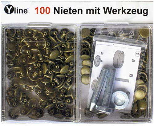 Yline 100 stycken nitar 9 mm gammal mässing med verktyg (hålnitar) i SB box, 3097