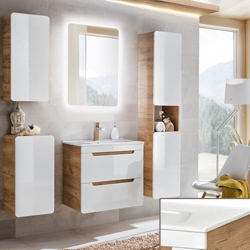 Lomadox Badmöbel Komplett Set, Hochglanz weiß mit Wotan Eiche Nb., 61 cm Waschtisch-Unterschrank mit Keramik-Waschbecken & LED-Spiegel