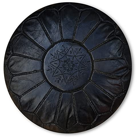 Poufs&Pillows Marokkanischer Echtleder Pouf - Handgefertigt - Gefüllt Geliefert - Ottoman, Sitzsack, Fußhocker, Puff (Schwarz)