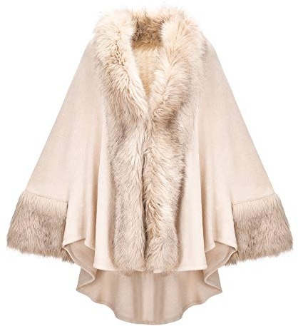ZLYC Damen Winter Kunstpelz Poncho Cape Warm Umhang Faux Fur Kragen Mäntel Strickjacke(Weiß)