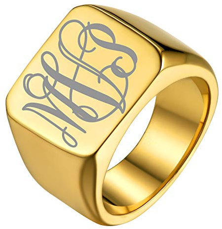 GoldChic Edelstahl Herren Siegelring Personalisierter Männer Jungen Fingerring mit Gravur Gold/Silber/Schwarz/Grau Biker Quadrat/Rund Bandring Ringgröße 54.4（17.3）-72.8（23.1）
