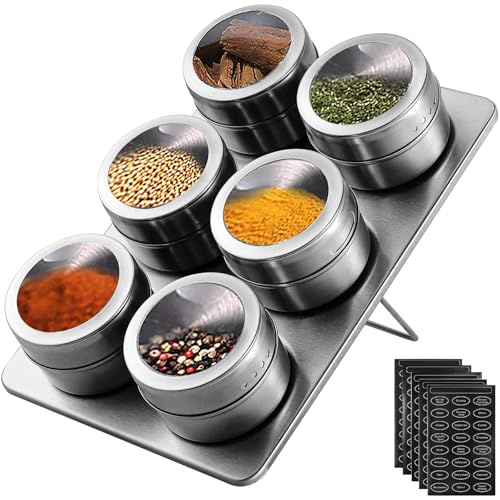 HOMGEN 6PCS Tarros de Especias Magnéticos con Base de Acero Inoxidable 430 Tapa Giratoria Etiquetas de Identificación Tarros Transparentes de 100ml para sal Pimienta Negra Cocina Superficies Metálicas