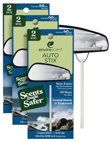 Enviroscent Non-Toxic* Car Air Freshener Auto Stix® - Fragrance Lasts Up to 180 Days - Includes Auto Stix® Diffusers & Elastic Loops - Mother’s Day Gift for Mom - Coastal Storm & Teakwood (Pack of 3)