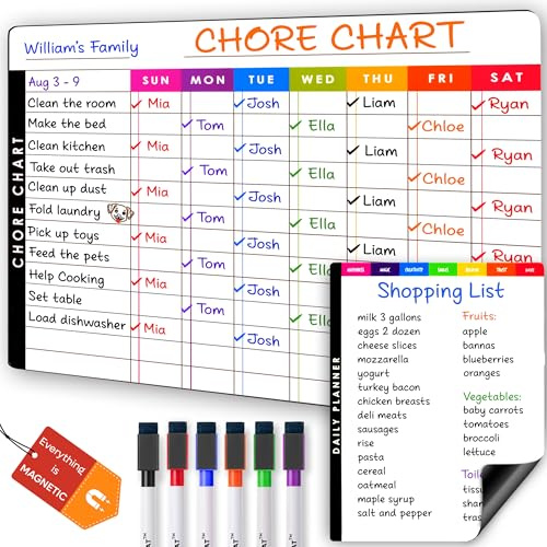 Magnetiskt syseldiagram whiteboard-set – fickdiagram för flera barn, tonåringar och vuxna (38 cm x 29 cm), daglig att göra, matvaror, anteckningar (23 cm x 18 cm) – beteendediagram för kylskåp och 6