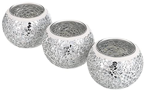 BSTKEY Set von 3 Mosaik Glas Tee Licht Kerzenhalter, Silber Runde | Dekorative kleine Kerzenständer Kerzenzentren für Esstisch, Hochzeit, Party, Heimdekor (keine Kerzen)