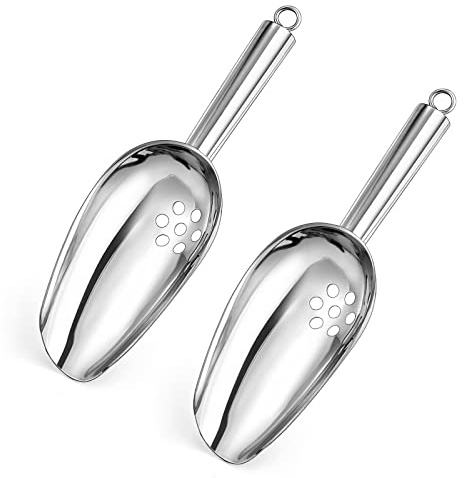 E-far Ice Scoops with Holes, 6 Ounce Stainless Steel Scoops with Drain Holes to Reduce Unwanted Dilution, Metal Scoop for Ice Maker/Freezer/Bar, Rust Free & Dishwasher Safe-2 Pack