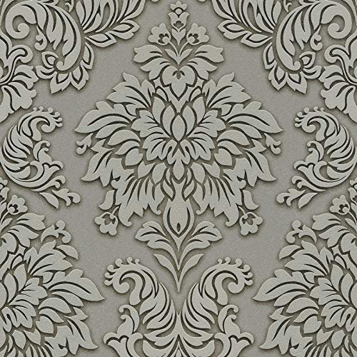 Papier peint baroque gris à paillettes | Tapisserie grise damassée chambre adulte | Papier peint élégant vinyle pour couloir