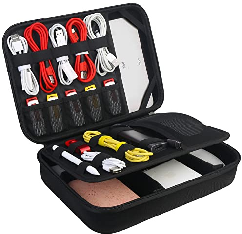 BOVKE Hartelektronik-Organizer-Tasche, Reiseelektronik-Zubehör-Organizer-Tasche, tragbare doppellagige Kabelaufbewahrungsbox für Kabel, Kabel, Ladegerät, iPad, iPhone, Powerbank, Festplatte,Schwarz