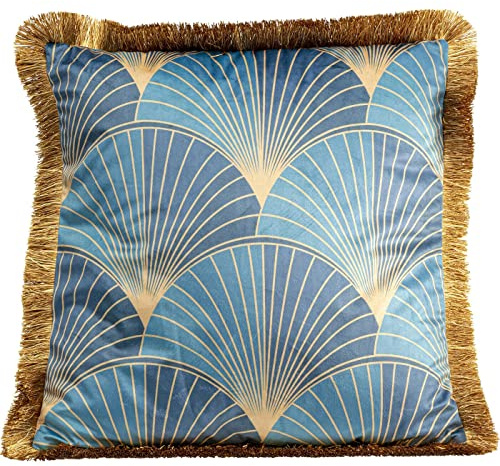 Kare Design cuscino Leaves Fringe, blu, oro, artigianale, unico, decorativo, fantasia floreale, con cerniera, cuscino da divano, letto, sedia, stile floreale, asia, fiori, 45x45x12 cm (A/L/P)