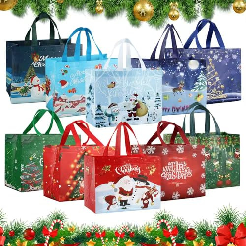 Große Weihnachtsgeschenktüten,10 Pcs Geschenktaschen Weihnachten,Weihnachtstaschen mit Griffen,Tragetasche Weihnachten,Wiederverwendbare Geschenktüten,Faltbare einkaufsbeutel Weihnachten Gifts
