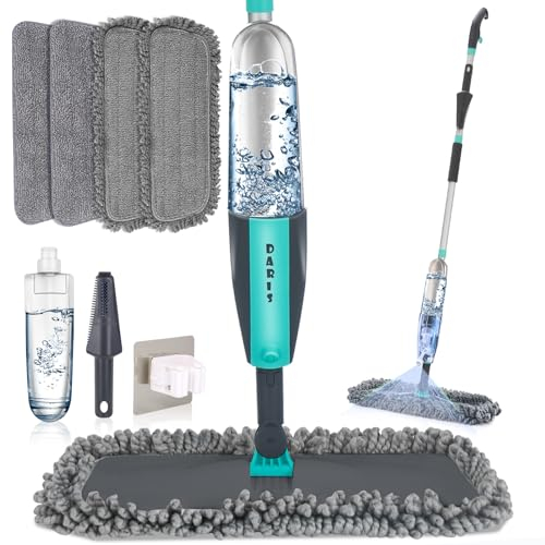 Balai Lave Sol avec Vaporisateur, Microfibre Balai Pulvérisateur Spray Mop avec 4 Tampons de Rechange et 1* Porte Balai pour la Maison, la Cuisine, Le Bois Dur, Le Stratifié, Le Bois, la Céramique