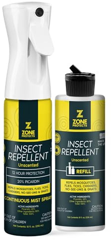 Zone Protects Unscented Picaridin Insect Repellent Spray Bundle – 10oz Mistosol Continuous Spray + Refill – 20% Picaridin Mosquito, Tick, Chigger, Insect Protection; 12 Hours