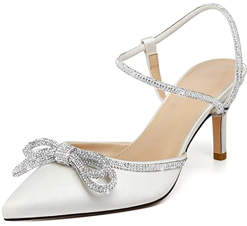 Susanny Women's Wedding Shoes White Kitten Bow Heels Sparkly Closed Toe Strappy High Heels Sexy Rhinestone Ankle Strap Pumps Bridal Party Dress Shoes 6.5