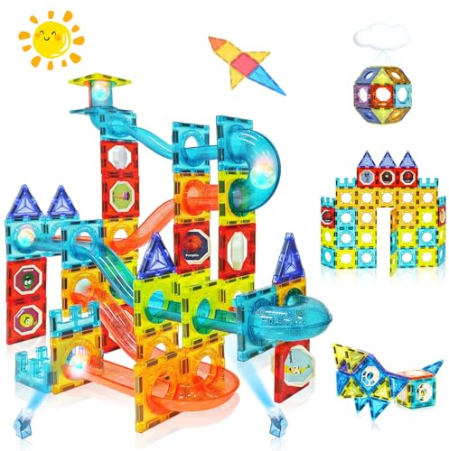 Dilhvy Magnetische Bausteine mit Kugelbahn Bunt, Magna Tiles - Konstruktionsspielzeug | Besten Montessori Spielzeug Geschenke für Kinder ab 5 6 7 8 9 10+Jahre | Jungen & Mädchen