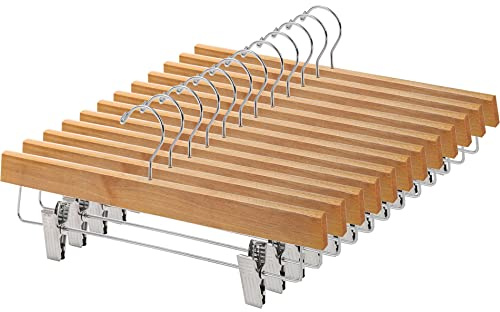 Tosnail 12 Pack Wooden Pants Skirt Hangers with Adjustable Clips, Solid Wood Jeans Hangers with Chromed Swivel Hook, Trouser Hanger for Men and Women's Clothing Closet Organizer